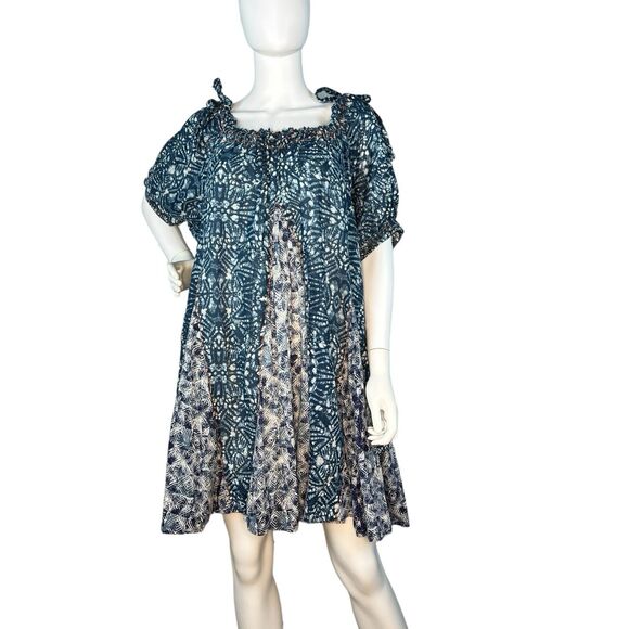 FREE PEOPLE Size S Jet Set Mini Dress Batik Blue The Off Shoulder Swing Pockets - Picture 3 of 9